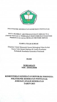 Efektifitas Poly Aluminium Chlorida dalam menurunkan warna air sumur gali di Desa Penjajab Kecamatan Pemangkat tahun 2015. Yulianti, Melly
Pontianak : Poltekkes Kemenkes Pontianak, 2015. 52 Hal