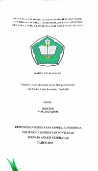 PerbedaankadarGlukosadarahpuasa yang diperiksasegera (1 jam) dengan yang ditundaselama 2 jam, 3 jam dan 4 jam padasuhuruang. Martini
Pontianak :PoltekkesKemenkes Pontianak, 2015. 58 Hal