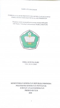 Perbedaan Kadar Protein Pada Remis (Corbicula javanica) Sebelum Dan Sesudah Mengalami Perebusan / Daru, Erika Kusuma.-- Pontianak : PoltekkesKemenkes Pontianak JurusanAnalis Kesehatan, 2018.- 41p