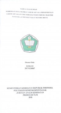 Perbedaan Daya Hambat Sari Buah Naga Merah Dengan Sari Buah Naga Putih Terhadap Pertumbuhan Bakteri Escherichia coli Menggunakan Metode Difusi / Suriani.-- Pontianak : PoltekkesKemenkes Pontianak JurusanAnalis Kesehatan, 2018.- 37p